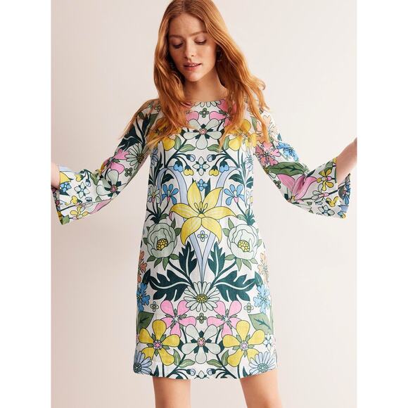 New Boden Flare Linen Floral Mini Dress Green White Back Button 3/4 Sleeve Sz 10 - Picture 3 of 14